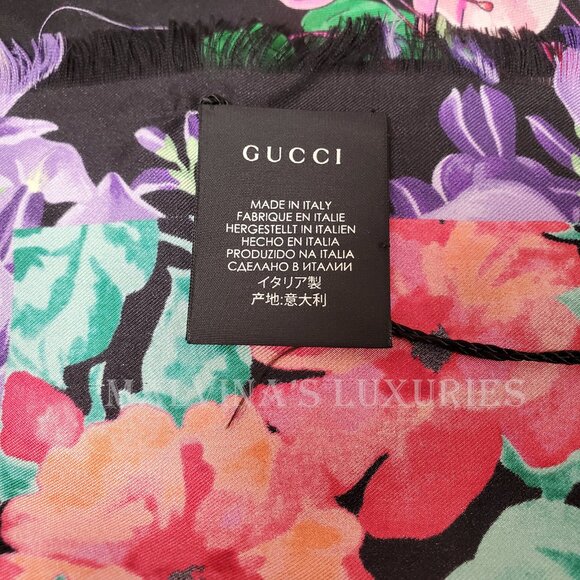GUCCI SCARF LENIS FLORAL BLACK MULTICOLOR PRINT w LOGO TWILL SILK SQUARE 35" - Picture 9 of 13